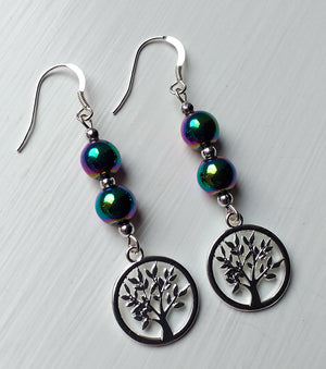 Earrings - Hematite Gemstones with Tree of Life