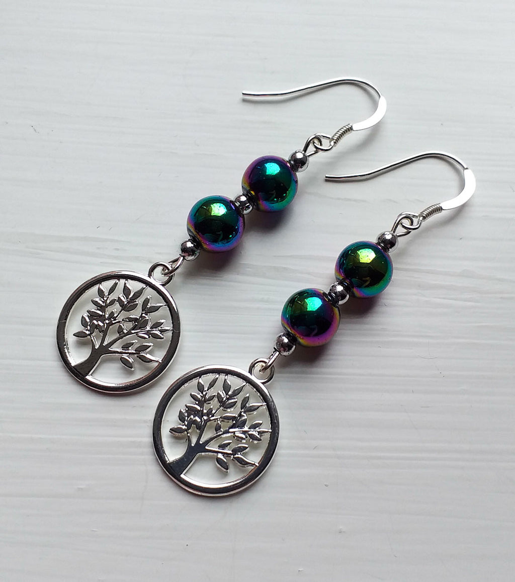 Earrings - Hematite Gemstones with Tree of Life