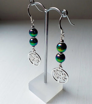 Earrings - Hematite Gemstones with Tree of Life