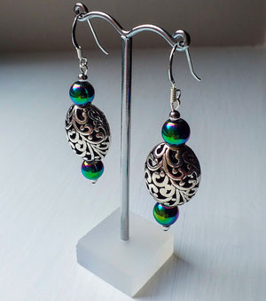 Earrings - Carved Filigree with Hematite Gemstones