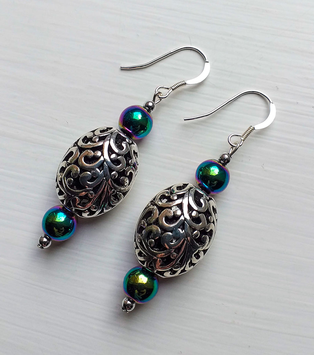 Earrings - Carved Filigree with Hematite Gemstones