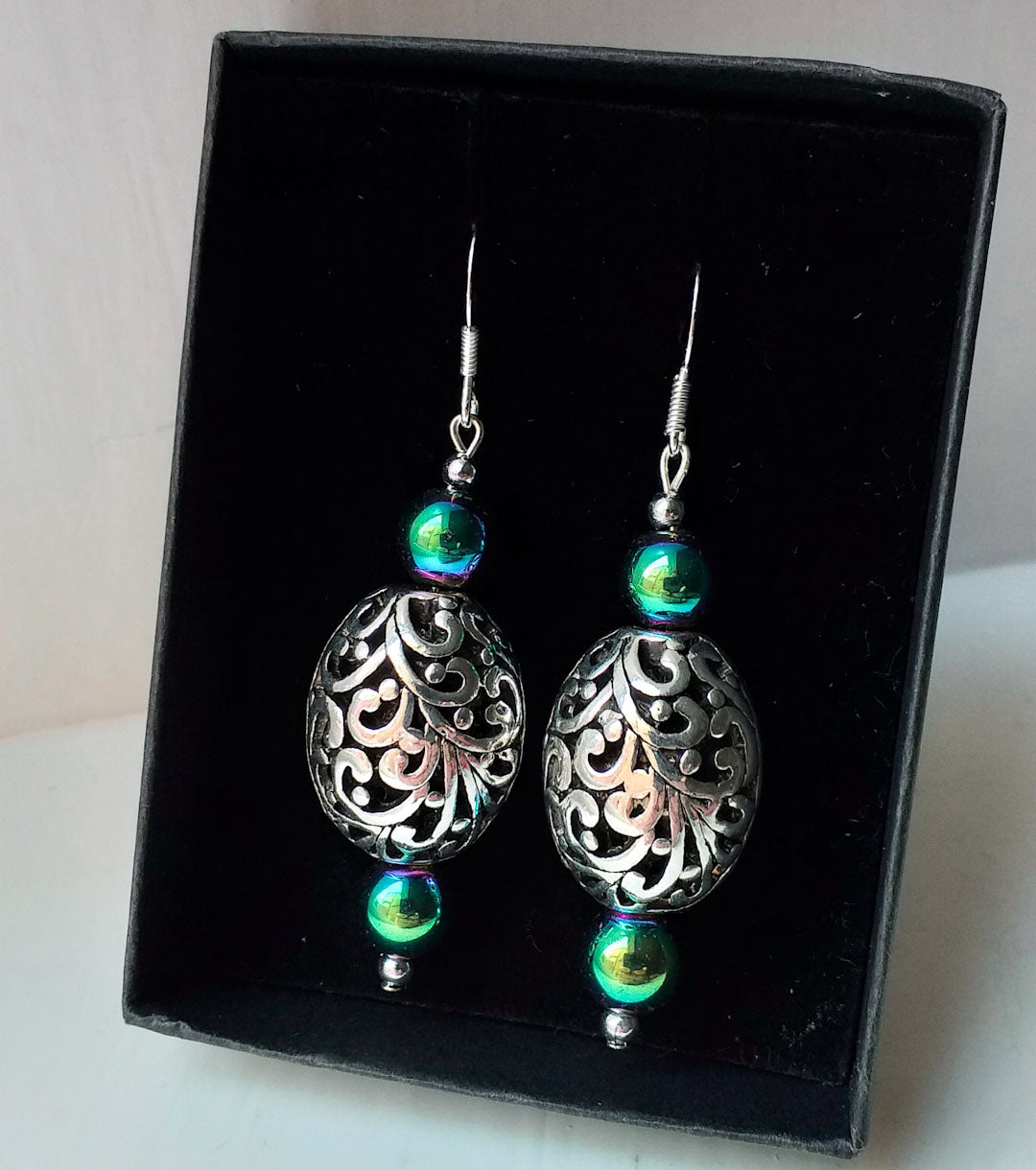 Earrings - Carved Filigree with Hematite Gemstones