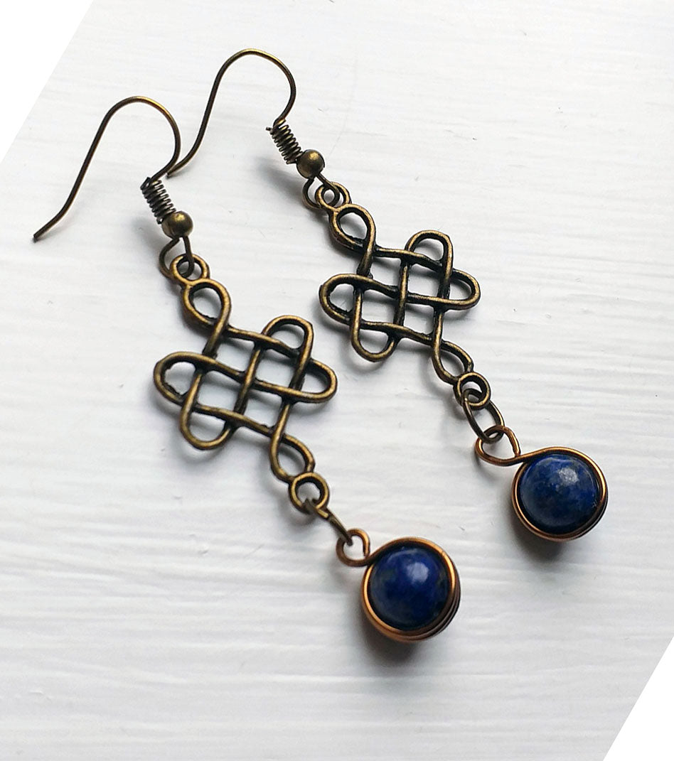 Earrings - Bronze and Lapis Lazuli Celtic Cross Pendant