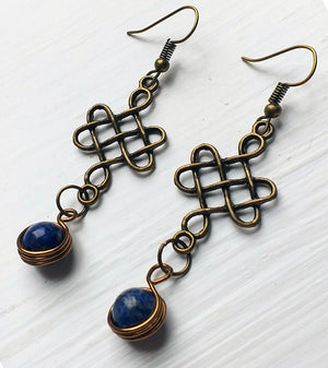 Earrings - Bronze and Lapis Lazuli Celtic Cross Pendant